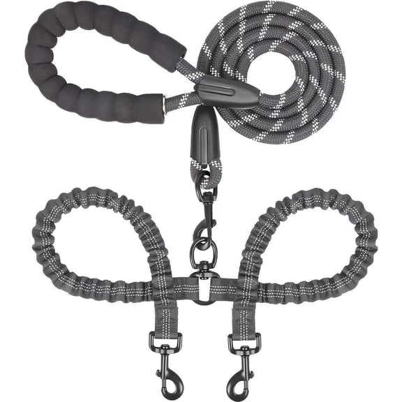 Dual Dog Leash 360 Swivel No-Tangle Design with Shock-Absorbing Bungee For Two Large Dogs (25-150 lbs) Black