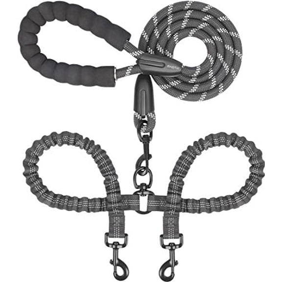 Dual Dog Leash - 360° Swivel, No Tangle Walking Leash with Shock Absorbing Bungee for Two Dogs (Medium, 8-35 lbs, Black)