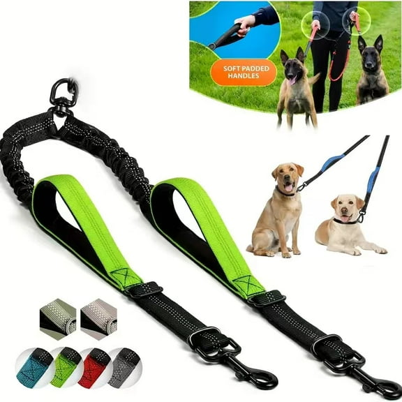 Dual Dog Leash Coupler - Comfort Padded Handles, No-Tangle, No-Pull Bungee Leash - 360 ° Swivel, Reflective, Shock Absorbing - Pe