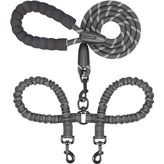 Dual Dog Leash - 360° Swivel, No Tangle Walking Leash with Shock Absorbing Bungee for Two Dogs (Large, 25-150 lbs, Black)