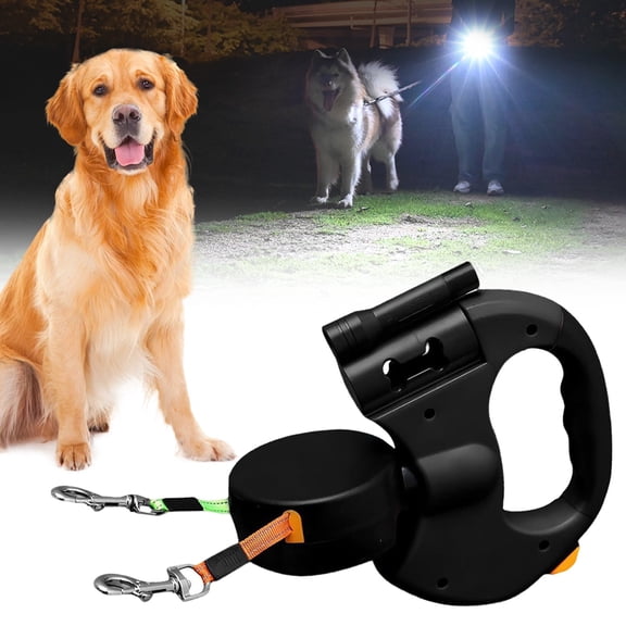 Dual Dog Leash, Double Retractable Dog Leash with Flashlight & Poop Bag Holder, 360° Rotating Double Pet Leash for Small to Large Dogs – Hands-Free Dog Walking Accessory