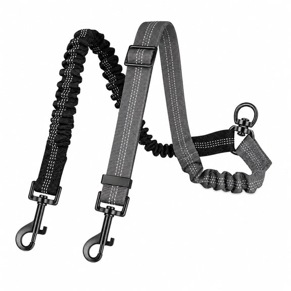 Dual Dog Leash Splitter for Two Dogs, Adjustable 2 Dog Lead Coupler with Bungee Buffer, 360 Swivel Ring, Reflective Stitching, Black and Gray