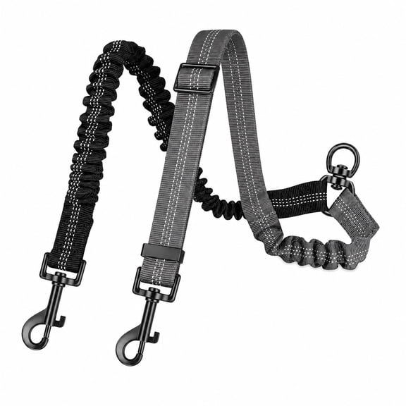 Dual Dog Leash Splitter for Two Dogs, Adjustable 2 Dog Lead Coupler with Bungee Buffer, 360 Swivel Ring, Reflective Stitching, Black and Gray
