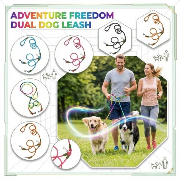 Dual Dog Leash Walking Two Dogs No Tangle Double Lead for Large Medium Small Dogs Reflective Rope Adjustable Waist Belt Running Jogging Lead