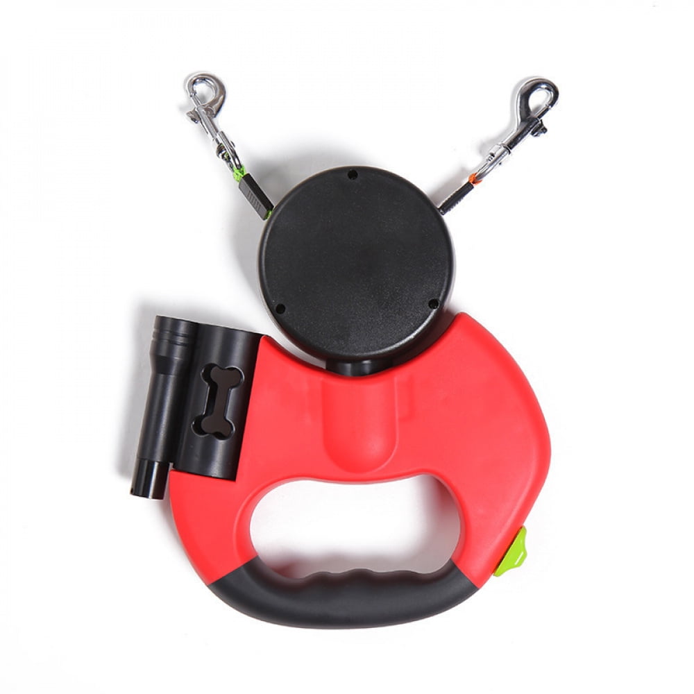 Dual Dog Retractable Leash, 360° Rotating, with Flashlight & Poop Bag Holder, Separate Controls for 2 Dogs（Red 3M）