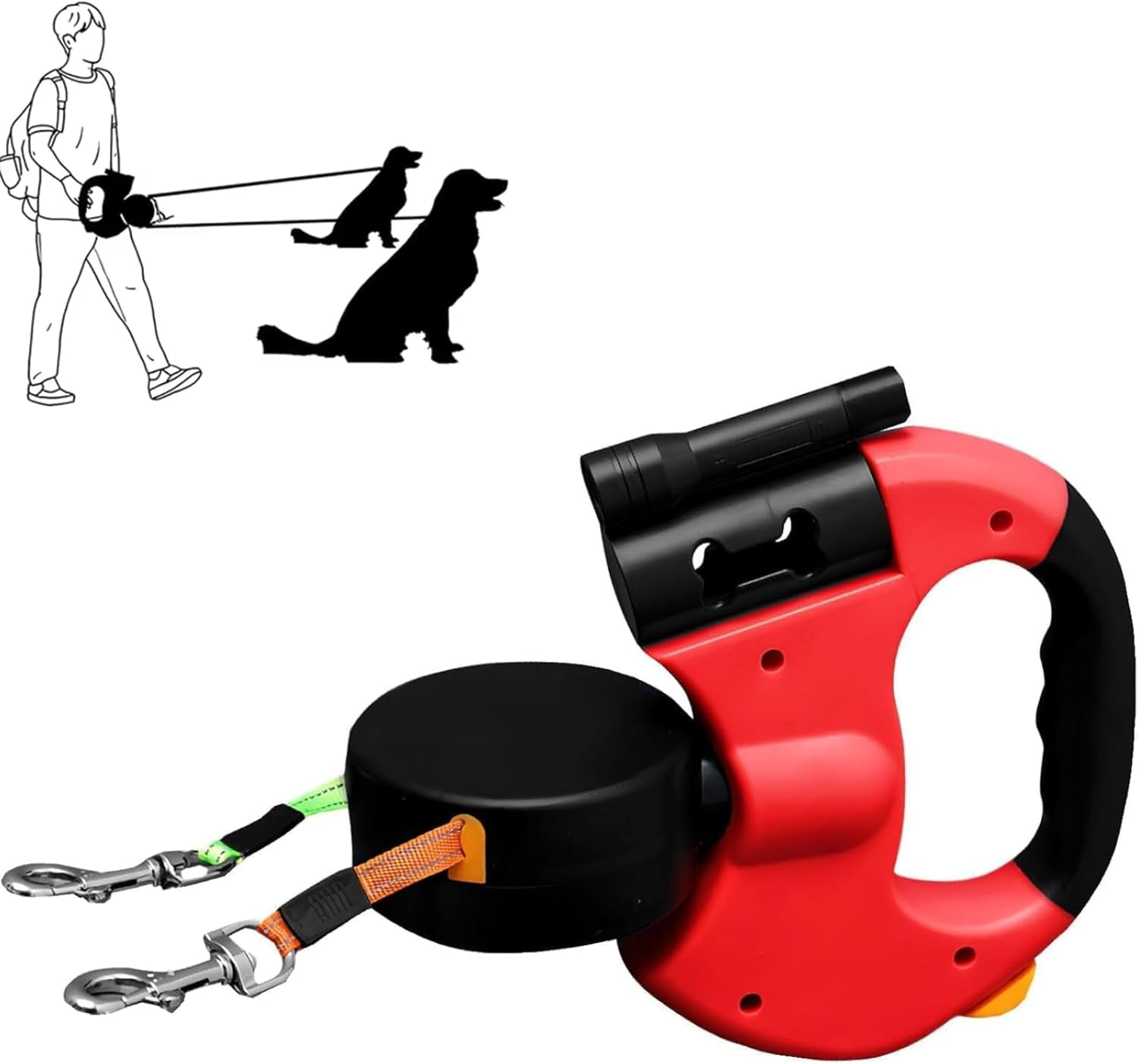 Dual Dog Retractable Leash with Flashlight & Poop Bag Holder, 360° Rotating Double Pet Leash for Small to Large Dogs – Hands-Free Dog Walking Accessory (A)