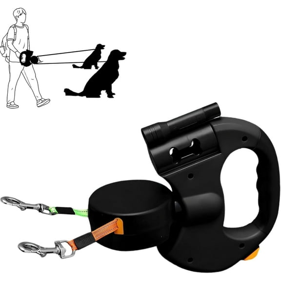 Dual Dog Retractable Leash with Flashlight & Poop Bag Holder, 360° Rotating Double Pet Leash for Small to Large Dogs – Hands-Free Dog Walking Accessory (A)