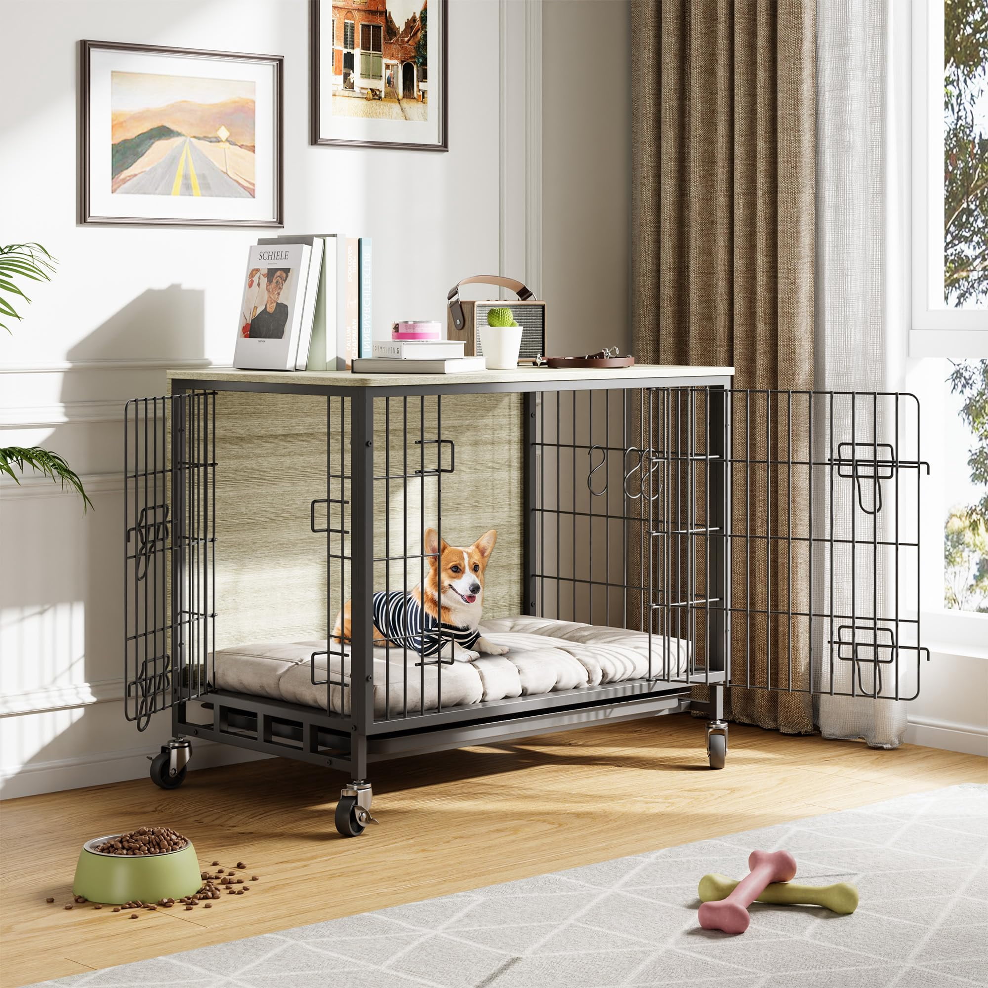 Picture of Dual Door Dog Crate Furniture with Wheels, Modern End Table Design with ...