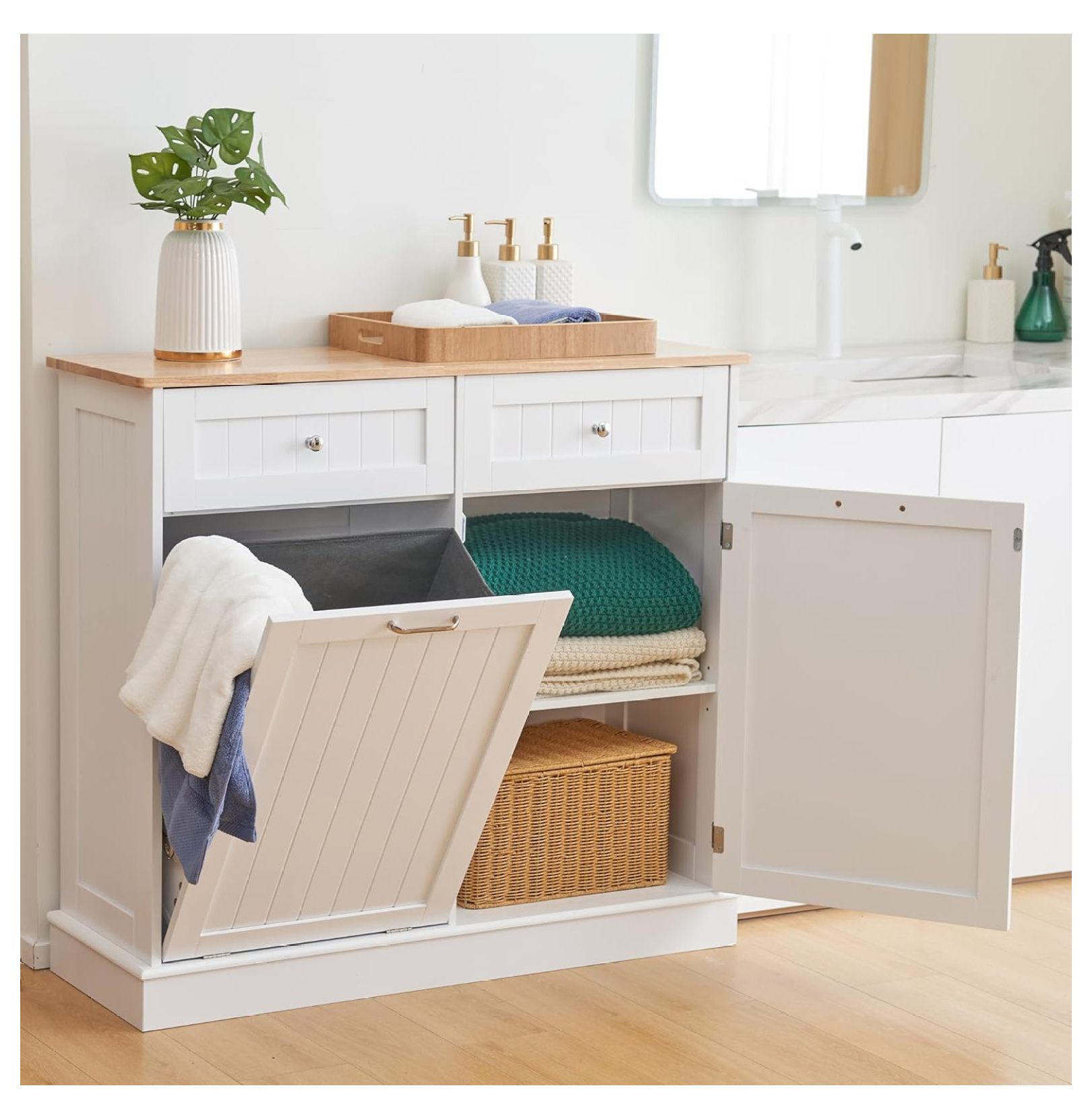 Dual Door Trash Kitchen Waste Bins,Laundry Hamper Tilt Out