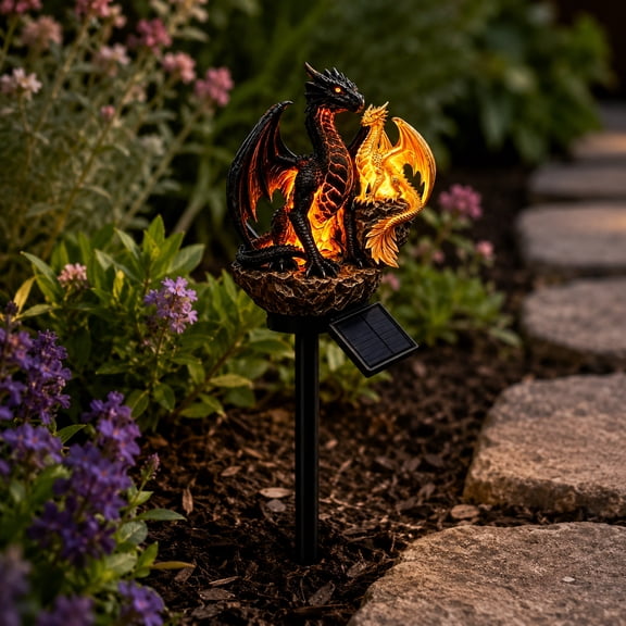 Dual Dragon Solar Garden Stake Lights, Resin Black and Gold Dragon Figurine LED Outdoor Solar Powered Pathway Light for Outdoor Garden Yard Halloween Decoration