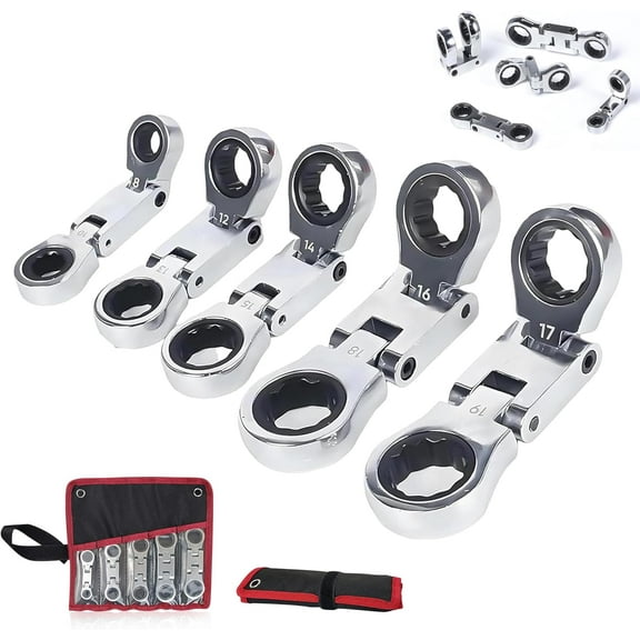 Dual-Drive Nano Flex-Head Pocket Ratchet, 5Pcs Mini Ratchet Set w/ Stubby Wrenches, 3/4" Retractable Zero Degree Ratchet, Double Box End for Auto Repair, Mechanical, Narrow Spaces