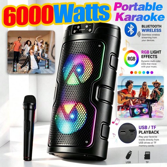 Dual-Driver Portable Wireless Speaker With Subwoofer. Equipped With Control Knob, Supports Karaoke, USB, Type-C And TF Card Playback. Great For Home, Parties, Gyms, Dance Studios And Meeting Rooms.