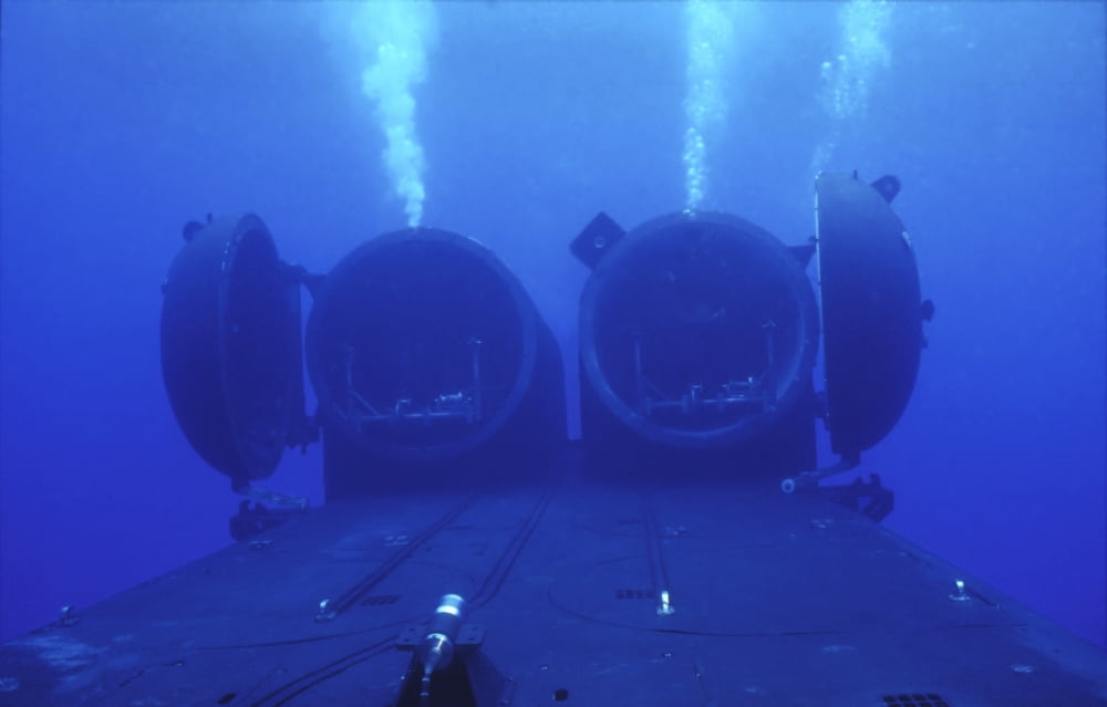 Dual Dry Deck Shelters mounted to the deck of USS Kamehameha Canvas Art - Michael WoodStocktrek Images (35 x 23)