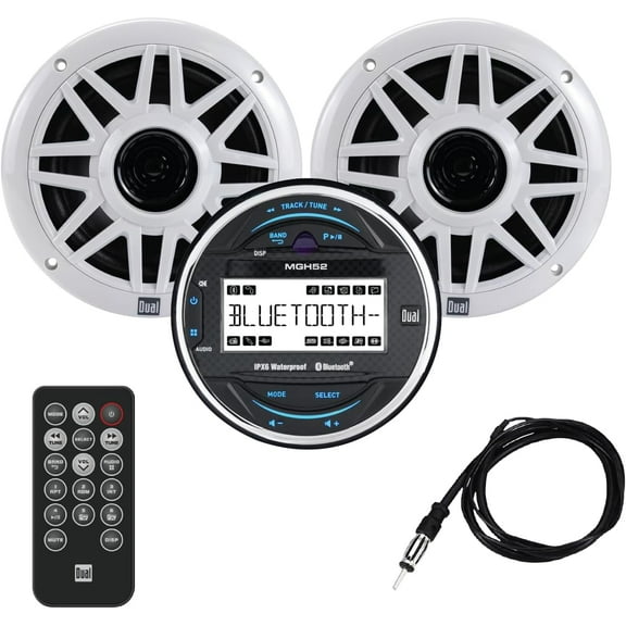 Dual Electronics MXPGH52 Marine Gauge Hole Media Receiver with Bluetooth | (2) 6.5" Marine Speakers | Wireless Remote Control and Antenna Combo Pack