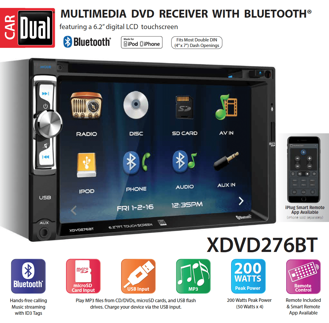 Dual Electronics XDVD276BT 6.2 inch LED Backlit LCD Multimedia Touch Screen Double Din Car Stereo with Built-in Bluetooth, iPlug, CD/DVD Player and USB/microSD Ports