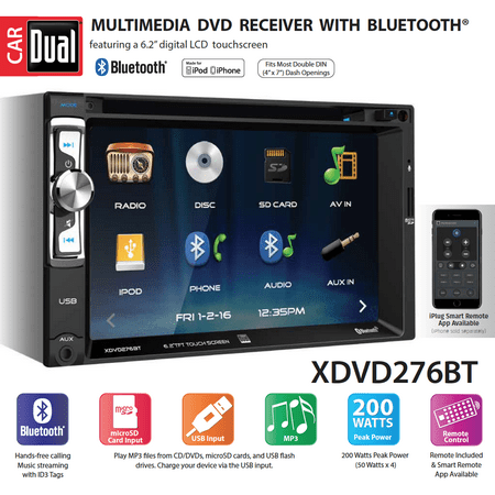 Dual Electronics XDVD276BT 6.2 inch LED Backlit LCD Multimedia Touch Screen Double Din Car Stereo with Built-in Bluetooth, iPlug, CD/DVD Player and USB/microSD Ports