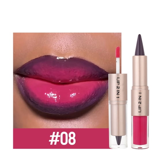 Dual-End Lip Liner & Gloss Pen - Matte Hook Tip + Mirror Shine Lip Tint, 2-in-1 Waterproof Lip Makeup
