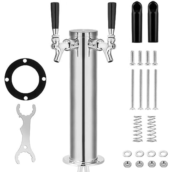 Dual Faucet Draft Beer Tower Dispenser, Polished Stainless Steel Beer Tower Dispenser Kit with Pre-Assembled Tubing and Self-Closing Faucet Shanks for Parties, Bars, Pubs, and Restaurants