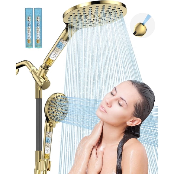 Dual Filtered Handheld Shower Heads Combo, 15-Mode High Pressure Rainfall Showerheads Combo Set with Filter, for Hard Water, Removes Chlorine, Improves Skin Hair Condition, Modern Gold