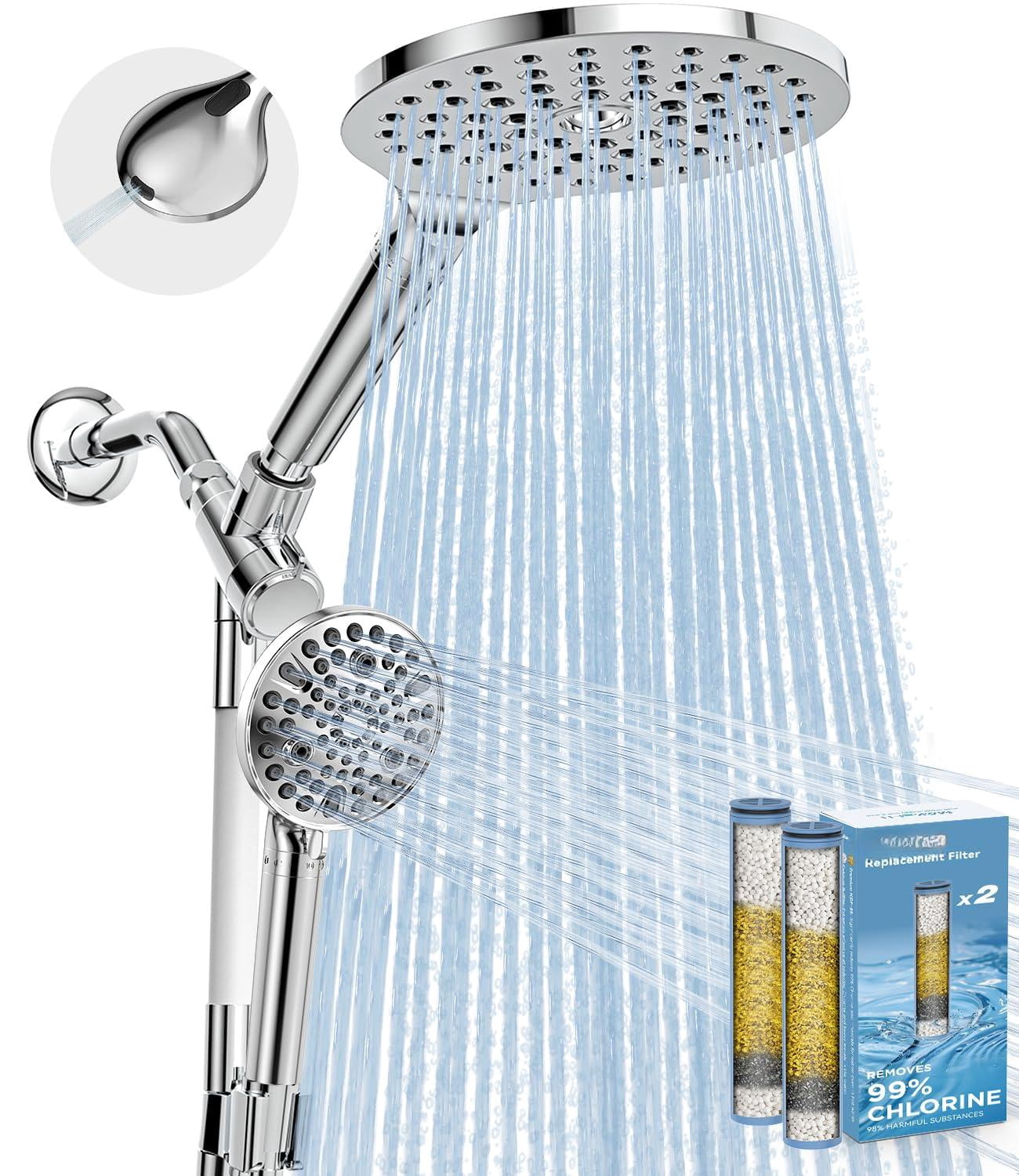 Dual Filtered Rain Shower Head Combo  Handheld With Adjustable Bar - Rainfall And Showerhead Filter For Hard Water Removes Chlorine