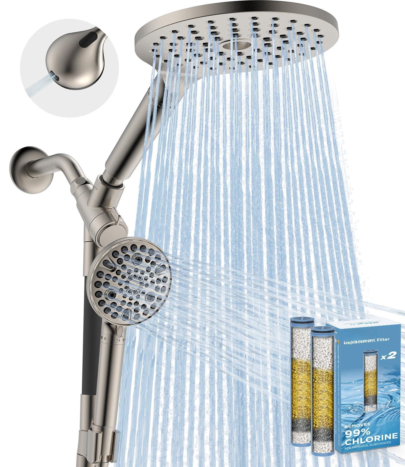 Dual Filtered Rain Shower Head Combo  High Handheld With Adjustable Bar - Rainfall And Showerhead Filter For Hard Water Removes Chlorine(brushed Nickel)