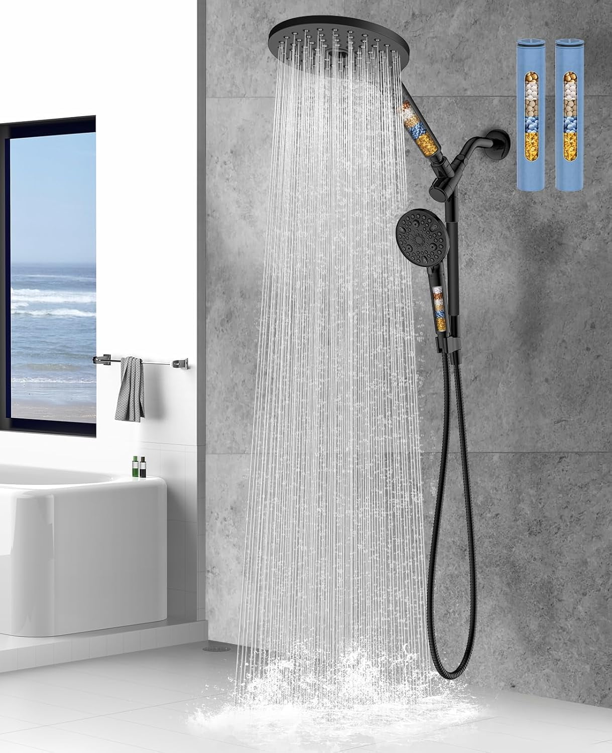 Matte Black Dual Filtered Rain Shower Head Combo with Adjustable Bar