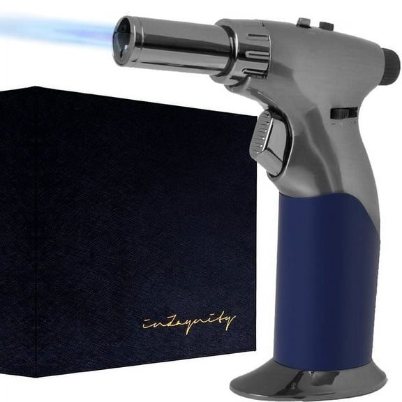 Refillable Butane Torch Gun -inZaynity Luxury Dual Flame Hand Held Blow Torch for Cooking, BBQ, Creme Brulee, Soldering, Welding, & Resin Art - Adjustable Flame with Ignition Lock - Steel Blue