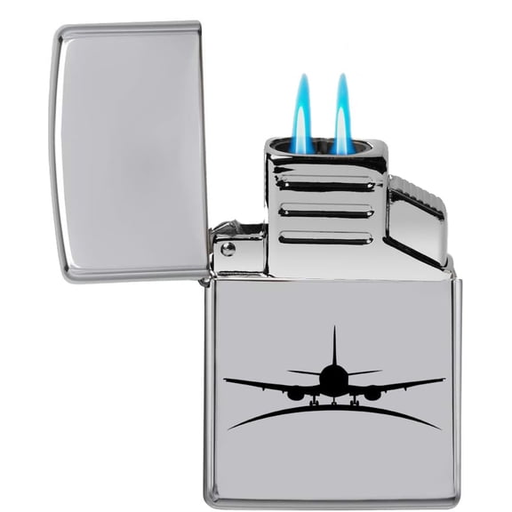 Dual Flame Torch Lighter Airplane Pilot Flight Attendant (Chrome)