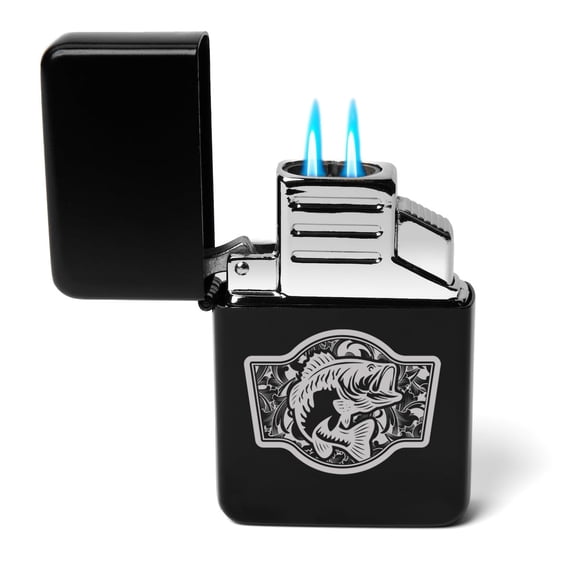 Dual Flame Torch Lighter Bass Fish Scroll Pattern (Black)