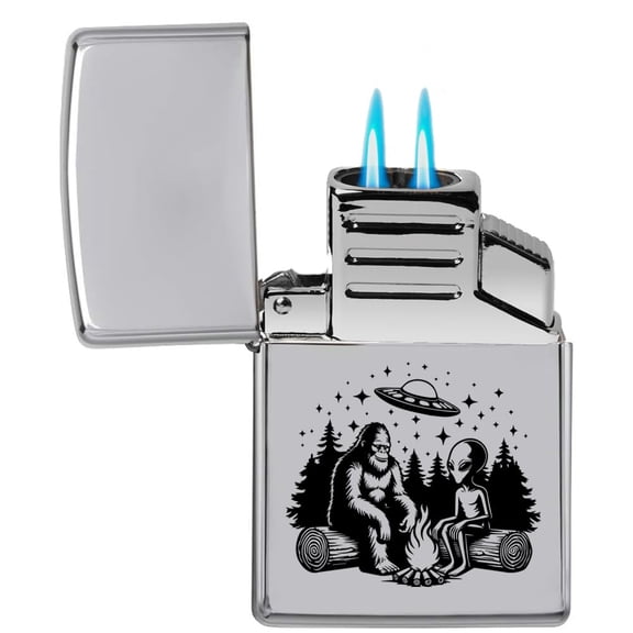 Dual Flame Torch Lighter Bigfoot Alien UFO Campfire Funny (Chrome)