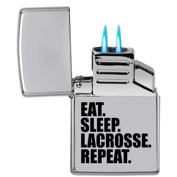 Dual Flame Torch Lighter Eat Sleep Lacrosse Repeat (Chrome)