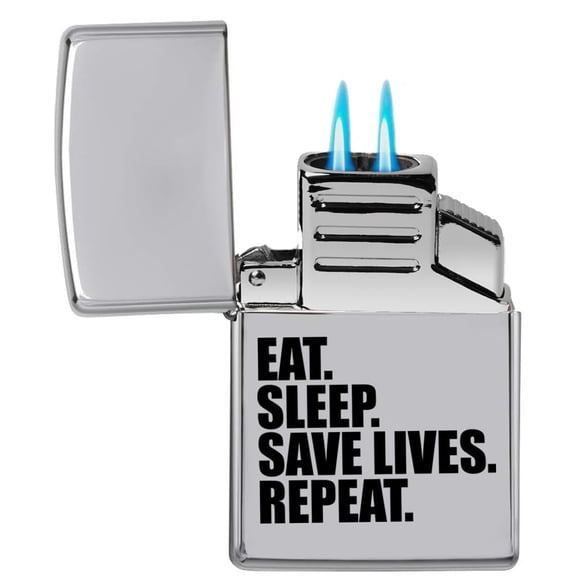 Dual Flame Torch Lighter Eat Sleep Save Lives Repeat Nurse Paramedic Doctor EMT Firefighter Police (Chrome)