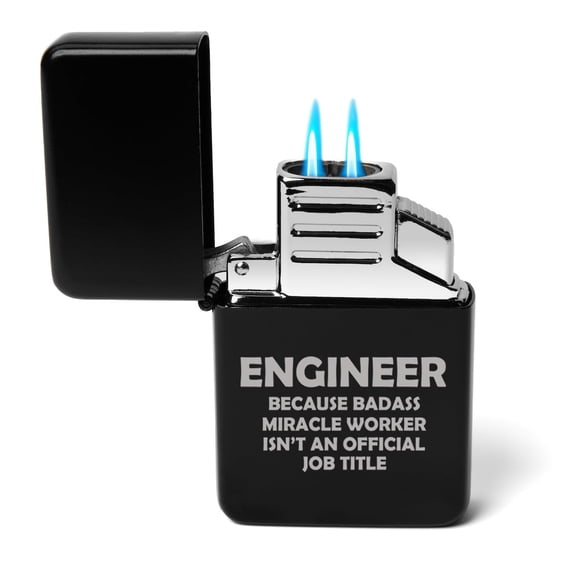 Dual Flame Torch Lighter Engineer Miracle Worker Job Title Funny (Black)