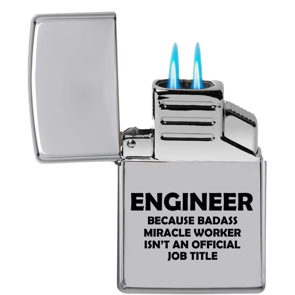 Dual Flame Torch Lighter Engineer Miracle Worker Job Title Funny (Chrome)
