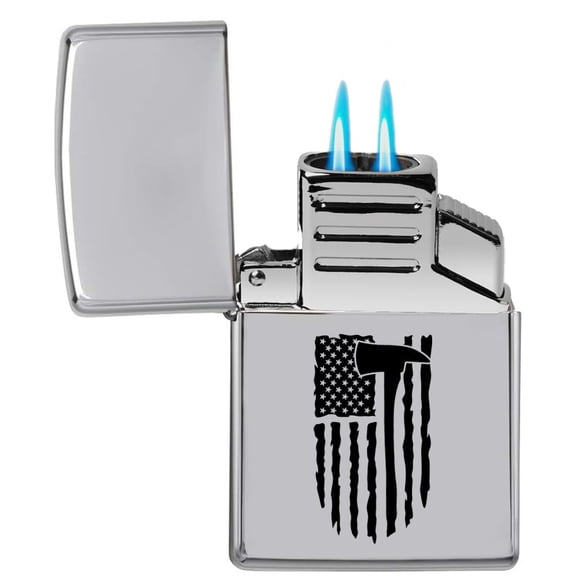 Dual Flame Torch Lighter Firefighter Axe American Flag (Chrome)