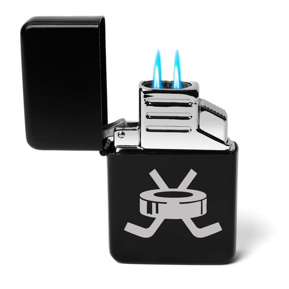 Dual Flame Torch Lighter Hockey Puck with Sticks (Black)
