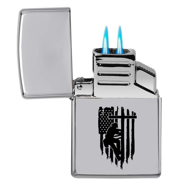 Dual Flame Torch Lighter Lineman American Flag (Chrome)