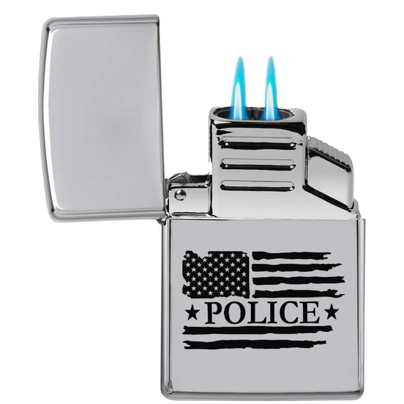 Dual Flame Torch Lighter Police American Flag (Chrome)
