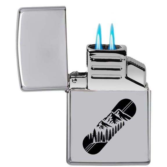 Dual Flame Torch Lighter Snowboard Mountains Forest (Chrome)
