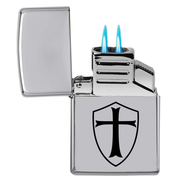 Dual Flame Torch Lighter Templar Shield Knight Cross (Chrome)