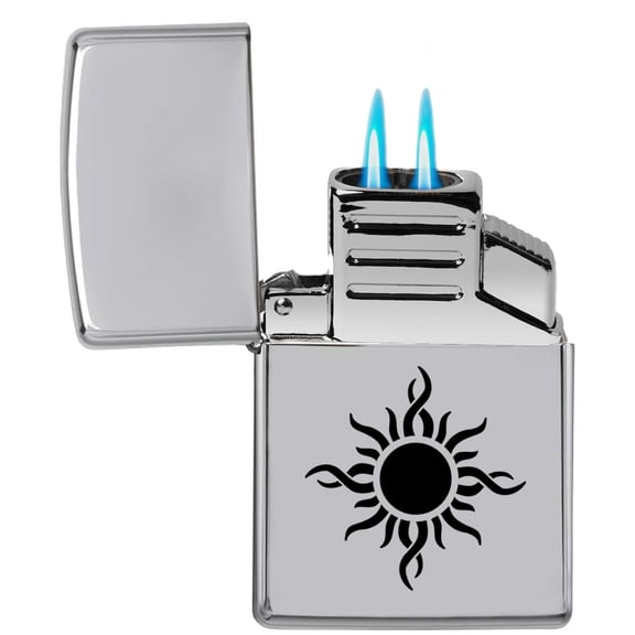 Dual Flame Torch Lighter Tribal Sun (Chrome)