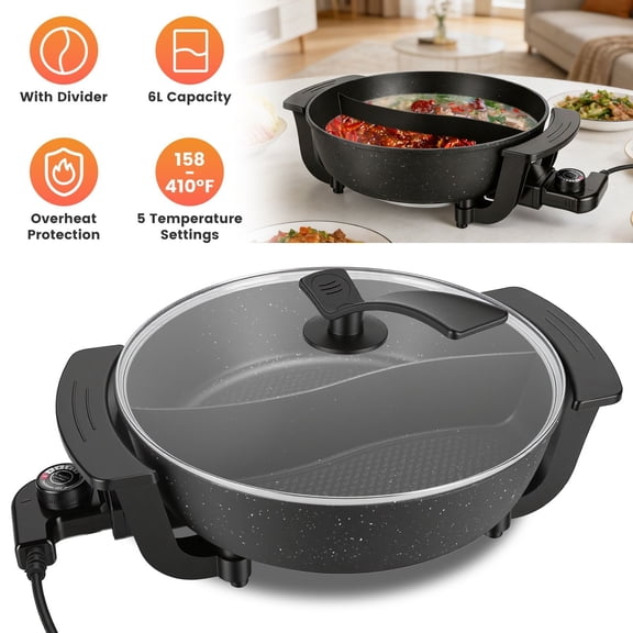 Dual-Flavor Electric Hot Pot 6L with Divider, 5 Temperature Control Non-Stick Shabu Shabu Pot, Complete Accessories Electric Cooker for Home Party Family Dinners