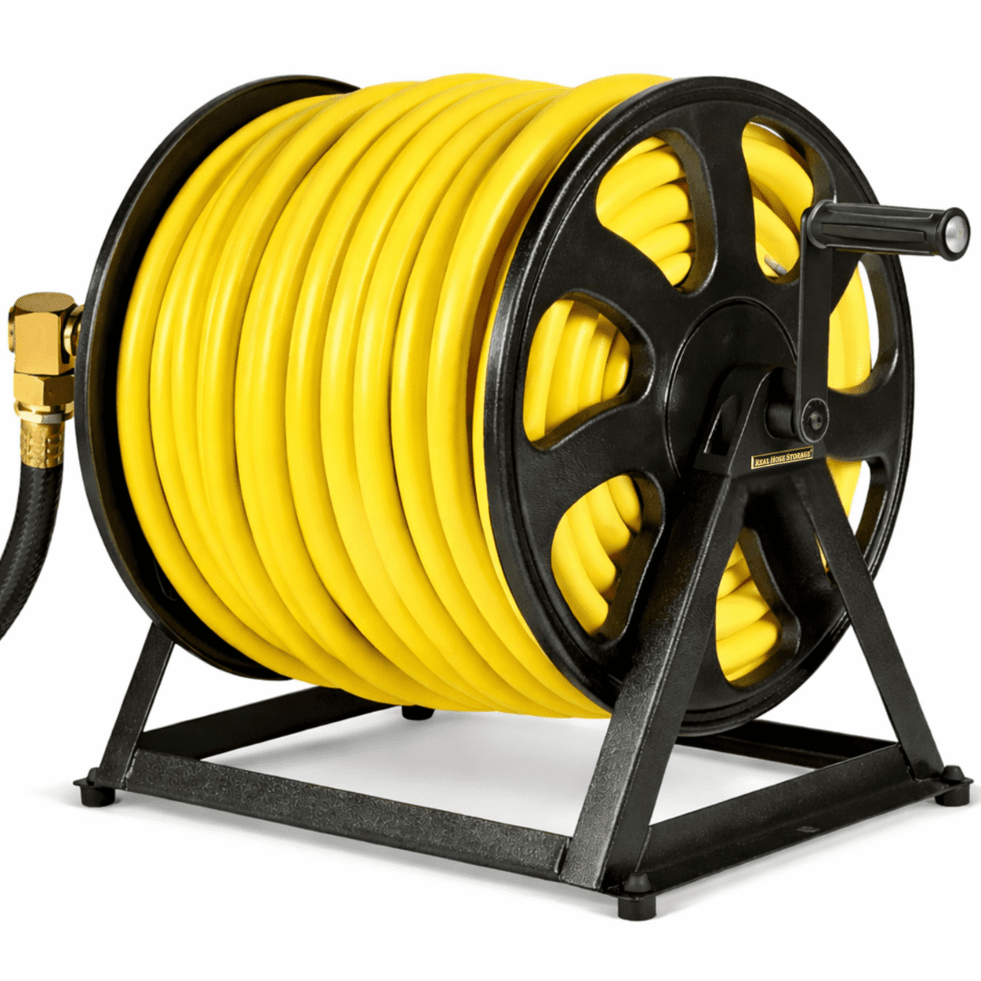 Dual Floor and Wall Mounted Garden Hose Reel, Holds 200ft of Water Hose, Heavy Duty Metal Hose Reel, Space Saving Hose Reel Organizer for Yard, Garage & Shed (Black)