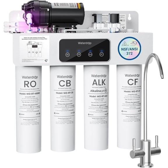 [Dual Flow] Waterdrop WD-T4-A Alkaline pH+ Reverse Osmosis Water Filter, 10-Stage, 450GPD Tankless Undersink RO Filtration System, 2:1 Pure to Drain, BPA Free, Plug-in required