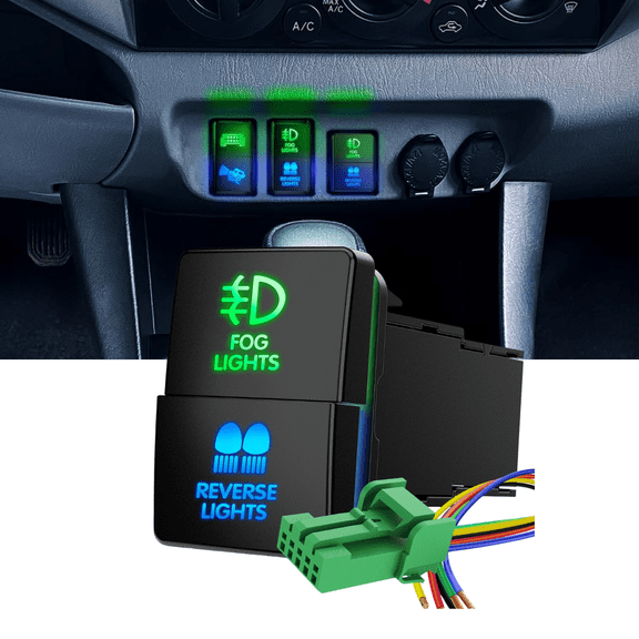 Dual Fog Lights & Reverse Lights Push Button Switch 12V Latching ON-OFF SPST 2-in-1 with Connector Wire Kit 1.28" x 0.87" OEM Fit for Toyota Sequoia Tacoma 4Runner Tundra Highlander RAV4 Yaris