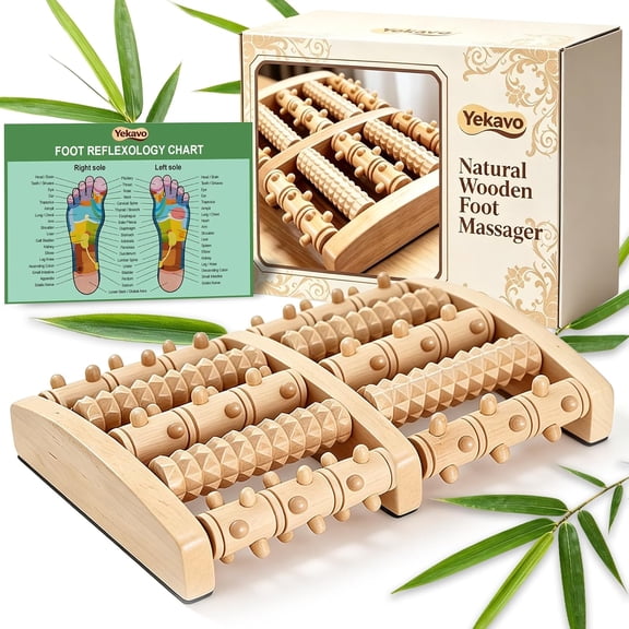 Dual Foot Massager Roller, Fast Relief for Plantar Fasciitis, Wooden Foot Massager Roller Acupressure Tool with Reflexology Chart, Pain Relief for Seniors & Desk Workers, Gifts for Women and Men