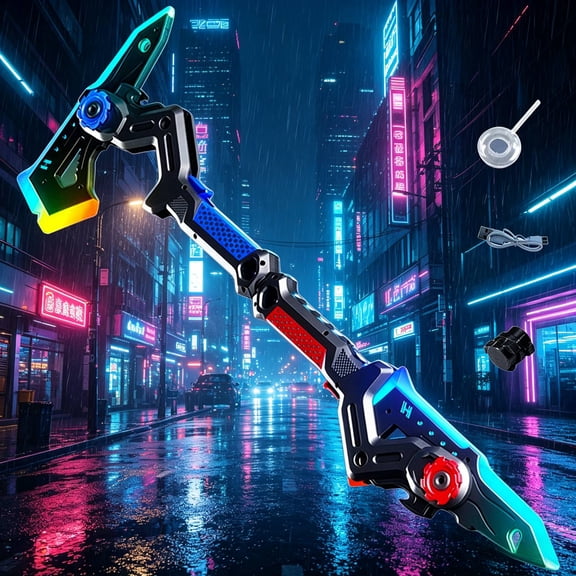 Dual Form Catapult Laser Sword Decoration, Light up and Flashing Plastic Fantasy Weapon Toy, Cool Transformable Sword Axe for Role Play, Party and Interactive Outdoor Play