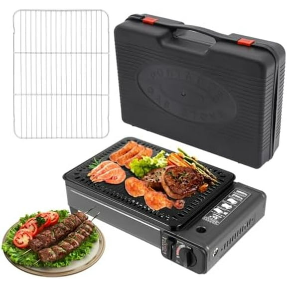 Dual Fuel Butane Camping Stove with Carrying Case, Portable Gas Burner Grill Stove with Detachable Net & Baking Sheet Clip Oil Pan Brush, Tabletop BBQ Grill for Camp Outdoor Cooking and Emergency Kit