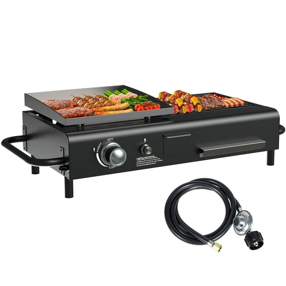 Frizi Flat Top Griddle with Dual Fuel, Tabletop Propane & Charcoal Grill Combo, 12000 BTU, 2 Side Shelves – Compact BBQ Grill for Patio, Camping & Small Outdoor Spaces