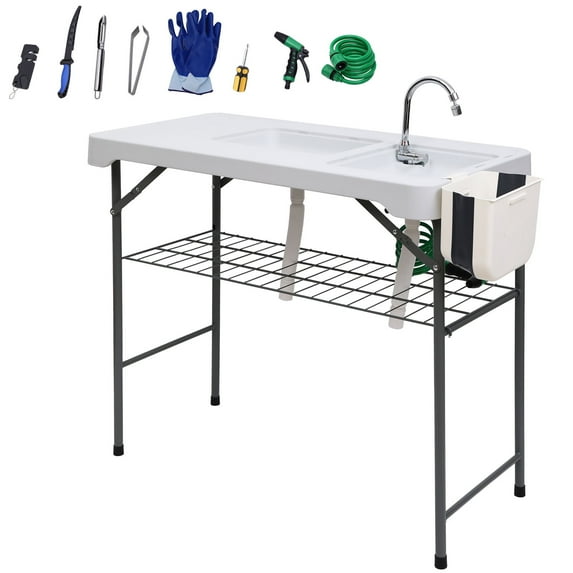 Dual-Function Fish Cleaning Table with Sinks and Spray: 42.5” Portable Camping Sink with Universal Faucets, Grid Rack, Basket, and Tool Kit – Ideal for Picnics, Camping, and Outdoor Cleaning